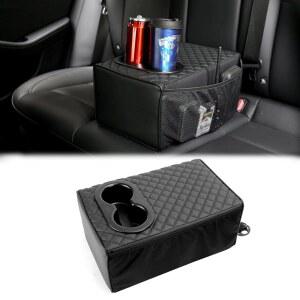 듀얼 컵 홀더, 메모리 폼 및 인조 가죽, 더블 포켓이 있는 2열 뒷좌석 중앙 콘솔, SUV, 자동차, 트럭, 픽업 - 블랙과 호환되는 기나 유니버설 팔걸이 콘솔 박스