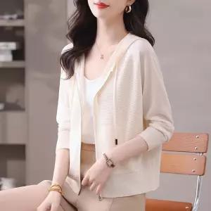 EAMT 여자 니트 봄 여름 캐주얼 얇은 후드 집업 카디건 루즈핏 쇼트 아우터 상의 YJ1