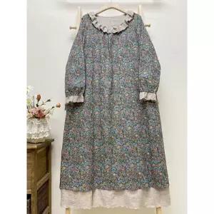 무천도사 원피스 빈티지 여성용 여자 긴팔 프로방스 프릴 쉬폰 플라워 롱스커트 KKE3
