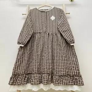 무천도사 원피스 빈티지 가을 여성 여성용 루즈핏 프릴 긴팔 면마 컨트리풍 자수 쉬폰 체크 롱스커트 KKE3