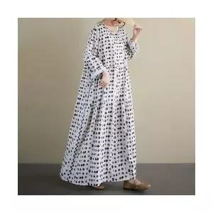 원피스 치마 여성 가을 캐주얼 긴팔 플리츠 라운드 보헤미안 도트 OP3