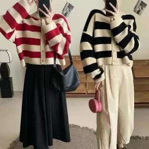 [JED] 스트라이프 가디건 미디 가디건 여자 라운드넥