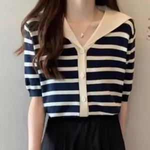 [JED] 니트 간절기 반팔 브이넥 단가라 데일리룩 얇은 가디건 스트라이프 여름 상의