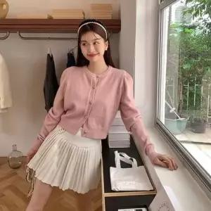 여자미니가디건 여성 라운드넥 퍼프 숏 미니 니트 긴팔 이너 가디건