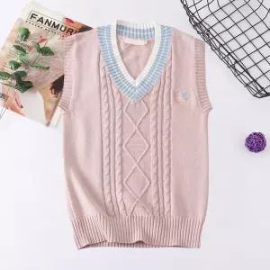 남녀공용 핑크 플라워버드 브이넥 교복조끼 교복 학생