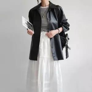 오버핏 바이크 자켓 여성 카라넥 라이더 레더 점퍼