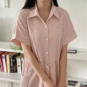 여성 스트라이프 롱 원피스 반팔 카라 여름옷