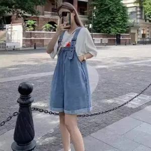 여성 롤업 데님 멜빵 반바지 캐주얼 오버롤 점프수트