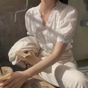 [오노마] ONM 여자 러블리 여름 레이스 퍼프 반팔 블라우스