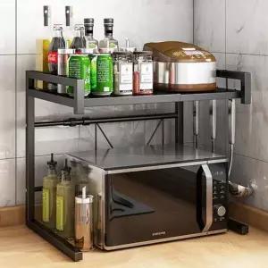 전자레인지 거치대 수납 선반 2단 조절형 블랙 주방 수납장