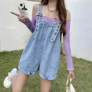 [오노마] ONM 캐주얼한 데님 소재 넓은 통 포인트 여성 멜빵 반바지