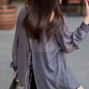 [오노마] ONM 모리셔츠 그레이 뒤트임 스트랩 남방 시스루셔츠 긴팔