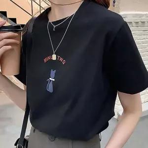 여자 데일리 컬러 고양이 캐릭터 프린팅 반팔 티셔츠 dyZ7+5Hhm