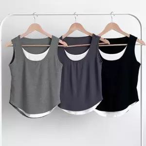 [오노마] ONM 여성 심플 배색 레이어드 민소매 크롭 나시티 꾸안꾸