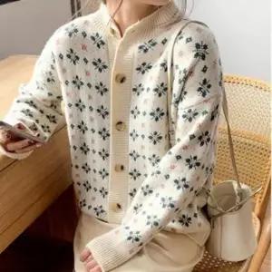 [JED] 눈꽃 데일리 가디건 루즈핏 라운드넥 여성 패턴 간절기 아우터 니트