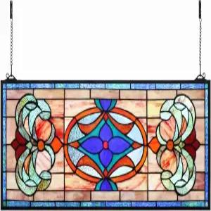 요가트 엑스트라 라지 수평 블루 빅토리아 스테인드글라스 창문 패널 걸이형 트랜섬 패널(30인치 X 12인치)