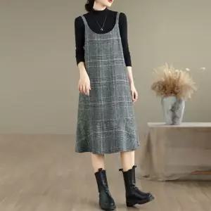원피스 은창 빈티지 체크 모직 레이어드 뷔스티에 치마 롱원피스 가을 겨울 긴팔 여성 루즈핏
