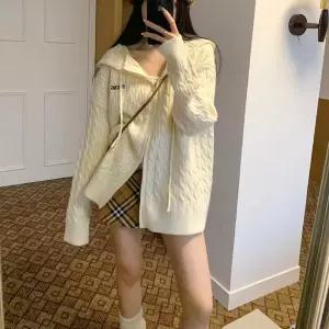 후드 여성 꽈배기 루즈핏 니트 집업 롱기장