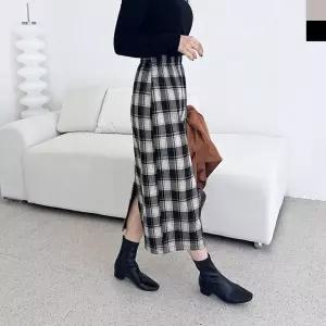 블레오 여자 기모 체크 H라인 뒤트임 롱 스커트 DM2601081394