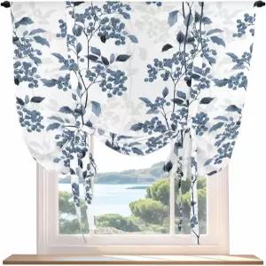 블루 플로럴 플랜트 주방 침실 거실 창문용 커튼 타이업 조절 가능한 그늘막 포켓 밸런스 드레이프 그레이