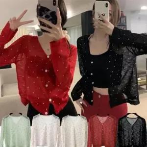 [JED] 데일리 니트 패턴 도트 여성 땡땡이 얇은 아우터 가디건 긴팔 간절기 여름 루즈핏