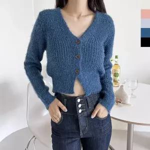 블레오 여자 퍼브이넥 크롭 니트 가디건 DM2601081512