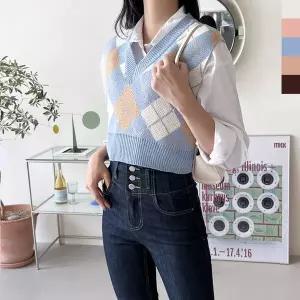 블레오 여자 아가일 크롭 니트 조끼 DM2601081513