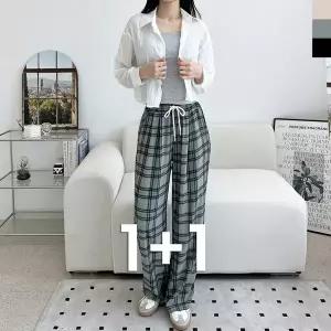 블레오 여자 여름 체크 핀턱 와이드 쿨 밴딩 팬츠 (1+1) DM2601081598