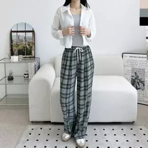 블레오 여자 여름 쿨소재 체크 핀턱 와이드 밴딩 팬츠 DM2601081832