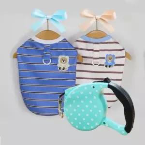 [반려] 강아지 곰돌이 스트라이프 티셔츠 5M 자동 리드줄 세트