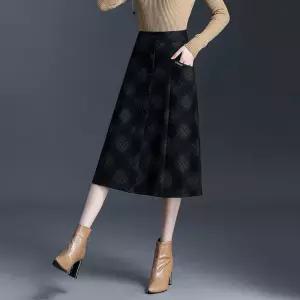 여성패션 정장 스커트 체크 오피스룩 A라인 감으로 슬림핏 롱 가을 겨울 모직 하이웨스트 DL4
