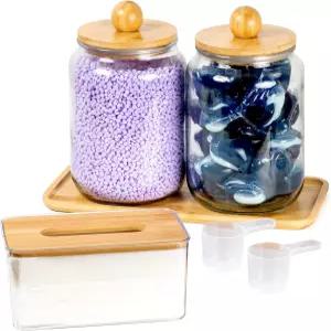 밀폐 뚜껑이 있는 유리 세탁 용기 - 건조기 시트 홀더가 주방 및 세탁실 정리 대나무 트레이 라벨이 세제