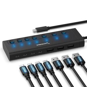 [미국배송] 전원 스위치가 있는 SABRENT 7포트 USB-C 허브 5GBPS USB 3.2 USB-A 3개 + 4개 포트가 48W 20W PD LED 상태 MAC PC STEAM DECK ROG ALLY용 알루미늄 바디 U2013 (HB-3A4C)