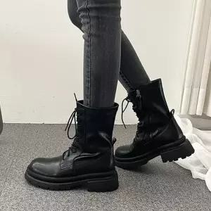 여성 천연소가죽 둥근코 오버솔 통굽 지퍼 워커부츠4fY