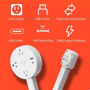 호환 회전 기능 180도  전기 콘센트 확장기 조절식 길이 흰색 전원 침대 옆 탁자용 소켓