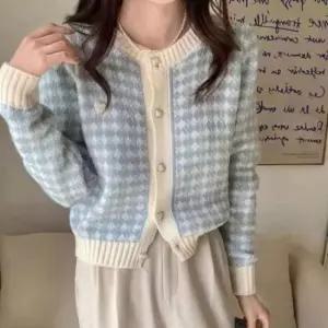 [JED] 자켓 체크 3컬러 데일리 하운드투스 하트버튼 니트 여성 간절기 가디건