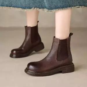 빈티지 추동 여성패션 플랫워커 프렌치 통굽 앵클부츠 기모 리얼 가죽 부츠 소프트 DL4