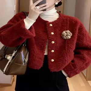 레드 추동 램스울 상의 보온성 부드럽고 털 슬림핏 코트 모피 여성패션 DL4