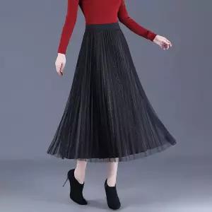 치마 롱 망사 모직 하이웨스트 정장 가을겨울 양면 중기장 여성패션 플리츠 DL4
