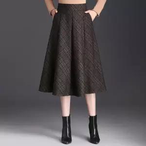 치마 롱 모직 캐주얼 우산 여성패션 체크 하이웨스트 정장 날씬한 A라인 가을겨울 DL4