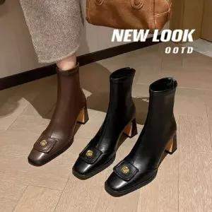 여성용 빈티지 스퀘어토 앵클 신발 카멜리아 러블리 버전 부츠 워커힐 슬림 패션워커 스틸레토 힐 소가죽