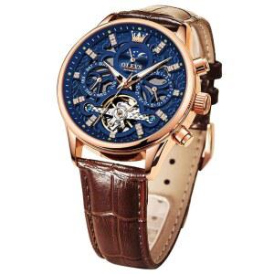 OLEVS 남성 스켈레톤 시계 자동 기계식 원피스 캐주얼 브라운 블랙 가죽 문 페이즈 야광 방수 손목시계