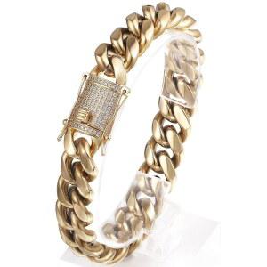 PY BLING 헤비 스테인리스 스틸 마이애미 쿠바 링크 브레이슬릿 8mm-16mm 14k 리얼 골드 도금 랩 다이아몬드 걸쇠 프리미엄 여성 선물 상자 포함