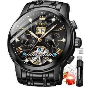 OLEVS 남성 자동 시계 골드 스켈레톤 투어빌론 셀프 와인딩 기계식 스테인리스 스틸 방수 원피스 손목시계