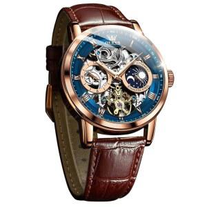 OLEVS 남성 스켈레톤 시계 자동 감기 달 페이즈 원피스 럭셔리 가죽 스트랩 방수 야광 남성 손목시계