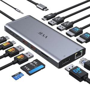 Dell /Lenovo / Laptop 14용 USB C 허브 멀티포트 어댑터 동글 도크 USB C를 HDMI 4K+디스플레이포트+이더넷+4USB+2USB C+100W PD 충전기+SD /TF+오디오용 USB C 노트북 Docking Station 듀얼 모니터 HDMI 1대 포함