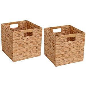 위커 수납 바구니 접이식 히아신스 수납 상자 세트 2 12x12x12 인치 - 옷장 선반 정리 장식용 핸드메이드 직조 바구니