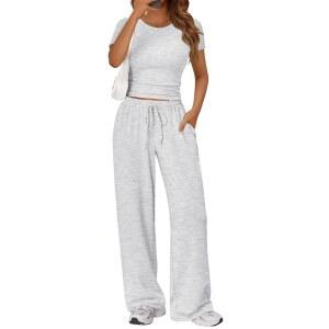 트렌디한 퀸 2피스 매칭 여름 트레이닝복 라운지 세트 여성 와이드 레그 팬츠 사이드 루칭 크롭 탑 세트