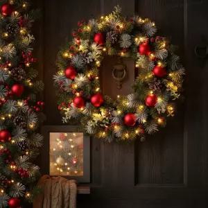 LED 크리스마스 화환 가랜드 인공 솔방울 레드 베리 볼 현관문 벽 창문 장식용 장식품