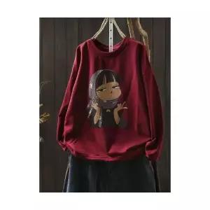 M2 여성 티셔츠 프린트 가을 빈티지 캐릭터 라운드 긴팔 캐주얼 맨투맨 JEN3